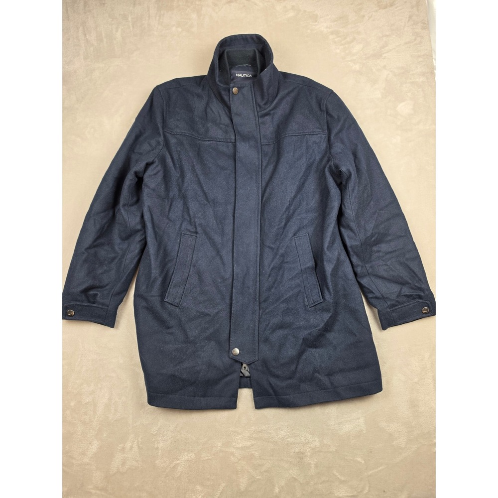 Nautica Wool Blend Car Coat Mens XL Navy Blue Quilted Lined Full Zip Overcoat